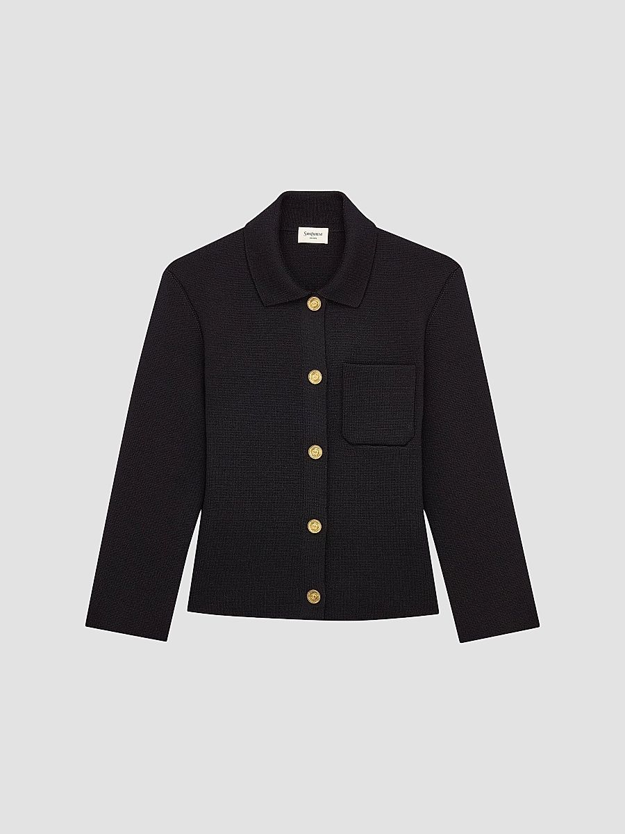 Saint Laurent Women's Polo Cardigan in Wool - Noir - Size Large