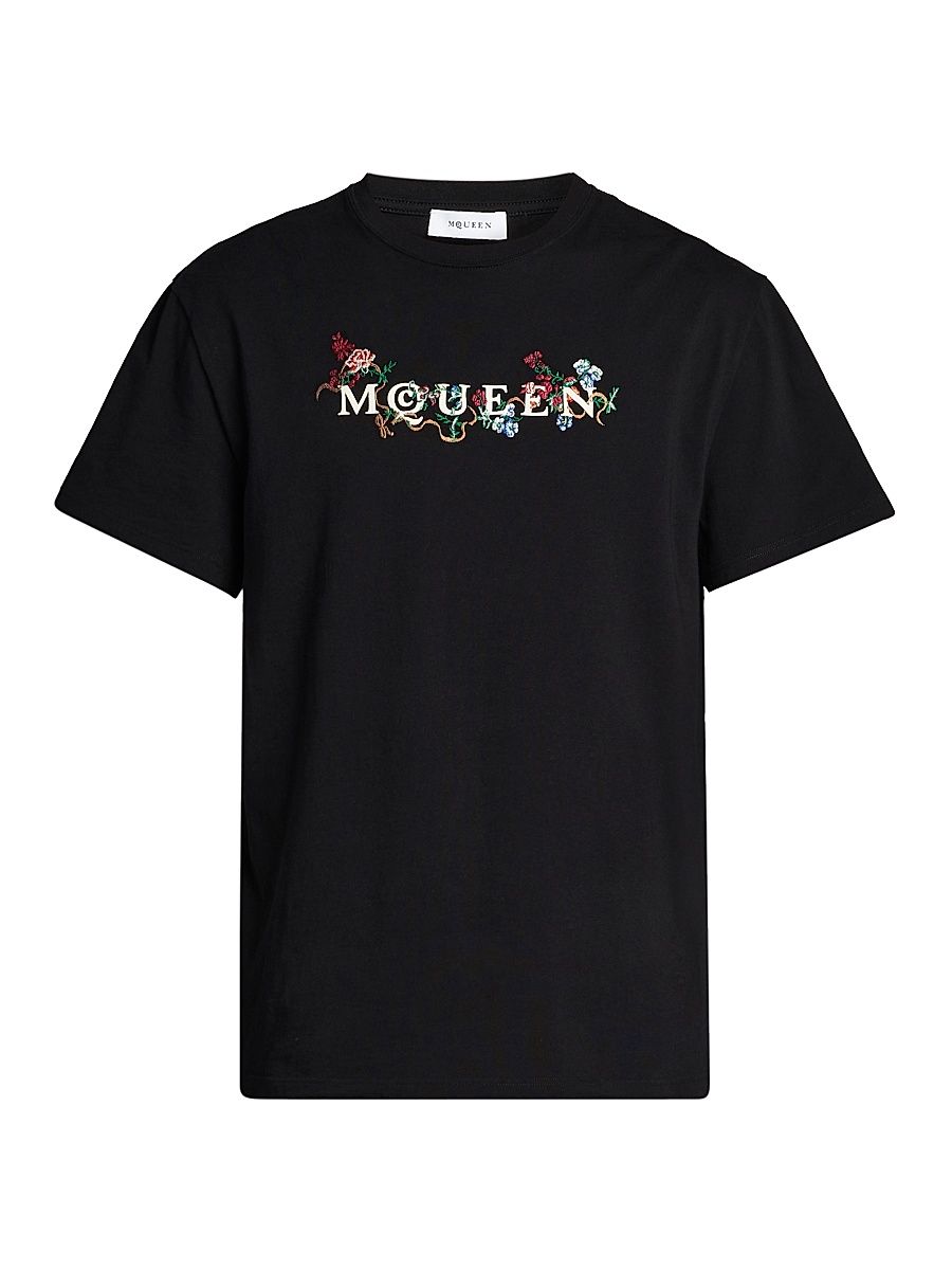 Men's Floral-Embroidered Logo Crewneck T-Shirt - Black Multi Colour - Size XXXL