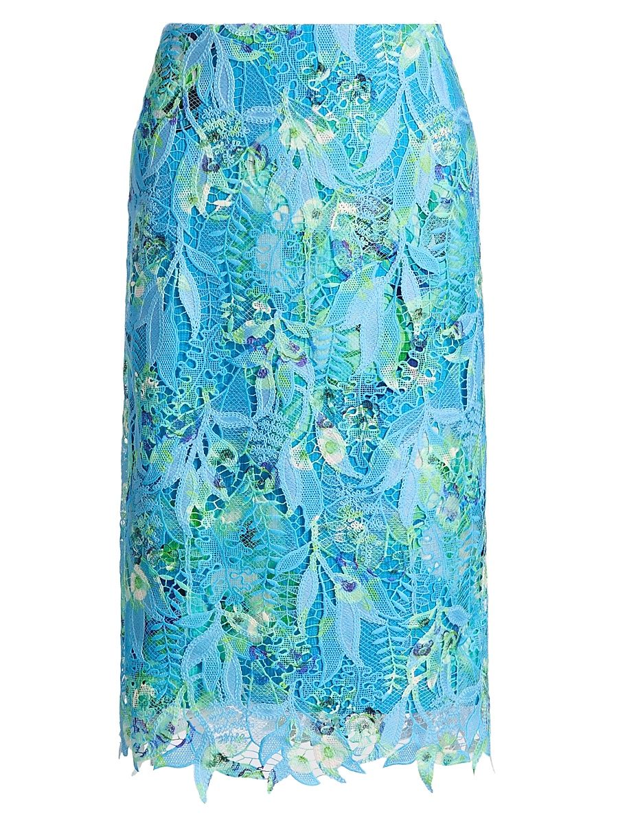 Women's Harlow Printed Lace Midi-Skirt - Azure Multi - Size 12