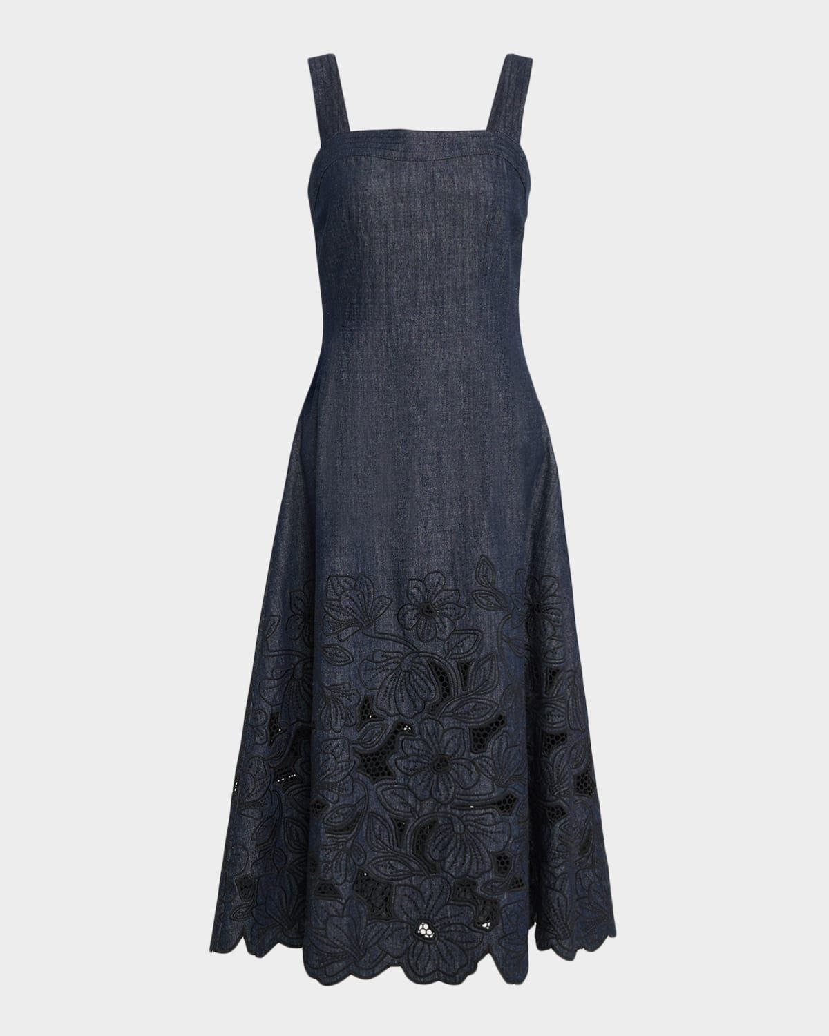 Rosaura Floral-Embroidered Denim Midi Dress