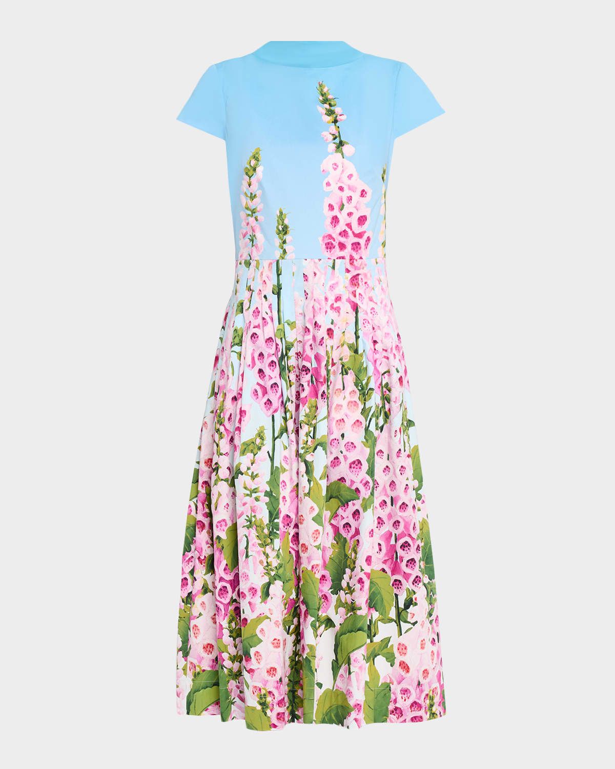 Cap-Sleeve Foxglove-Print Pleated Cotton Poplin Midi Dress