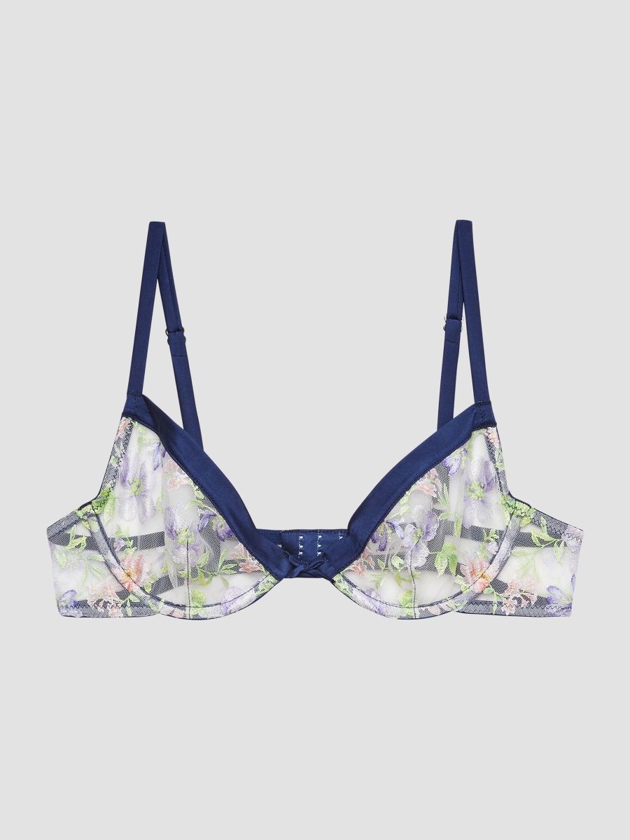 Fleur du Mal Women's Elara Embroidered Silk-Blend Demi Bra - Midnight Navy - Size 32B
