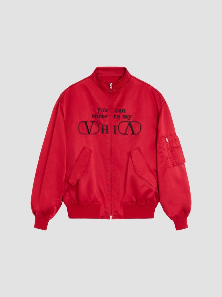 Valentino Men's Nylon Satin Bomber Jacket with You Can Come To My Villa Embroidery - Red - Size 40