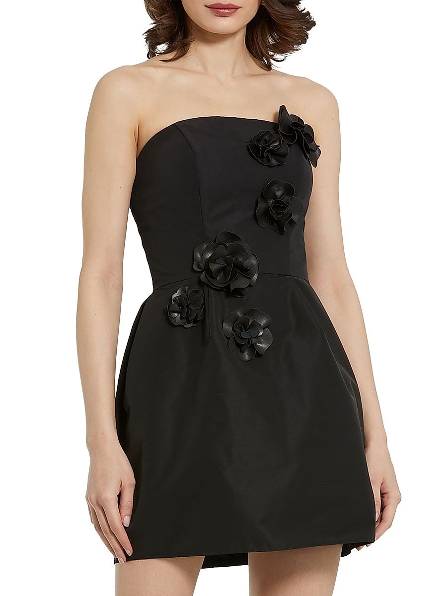 Women's Floral Appliqué Faille Strapless A-Line Minidress - Black - Size 12