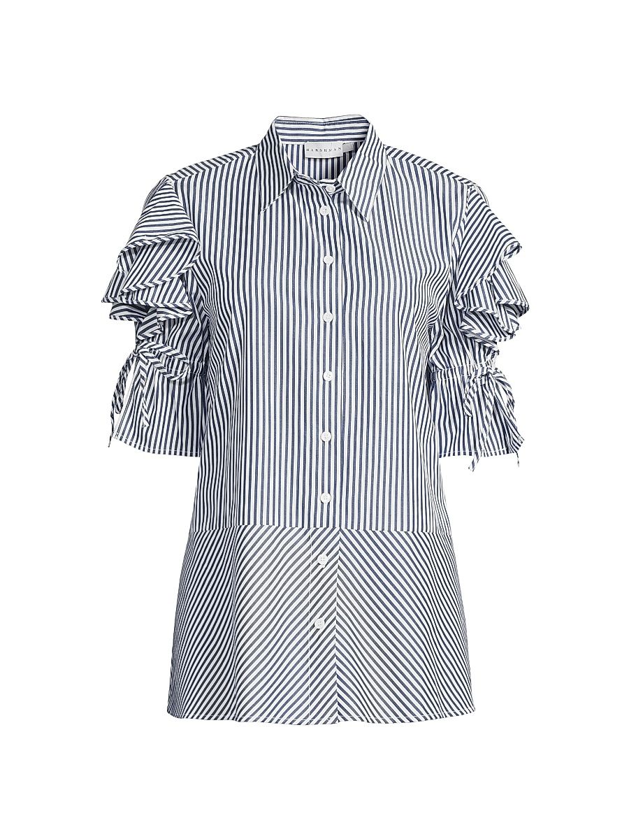 Women's Tiarna Ruffle-Sleeve Shirt - Navy Stripes - Size Large