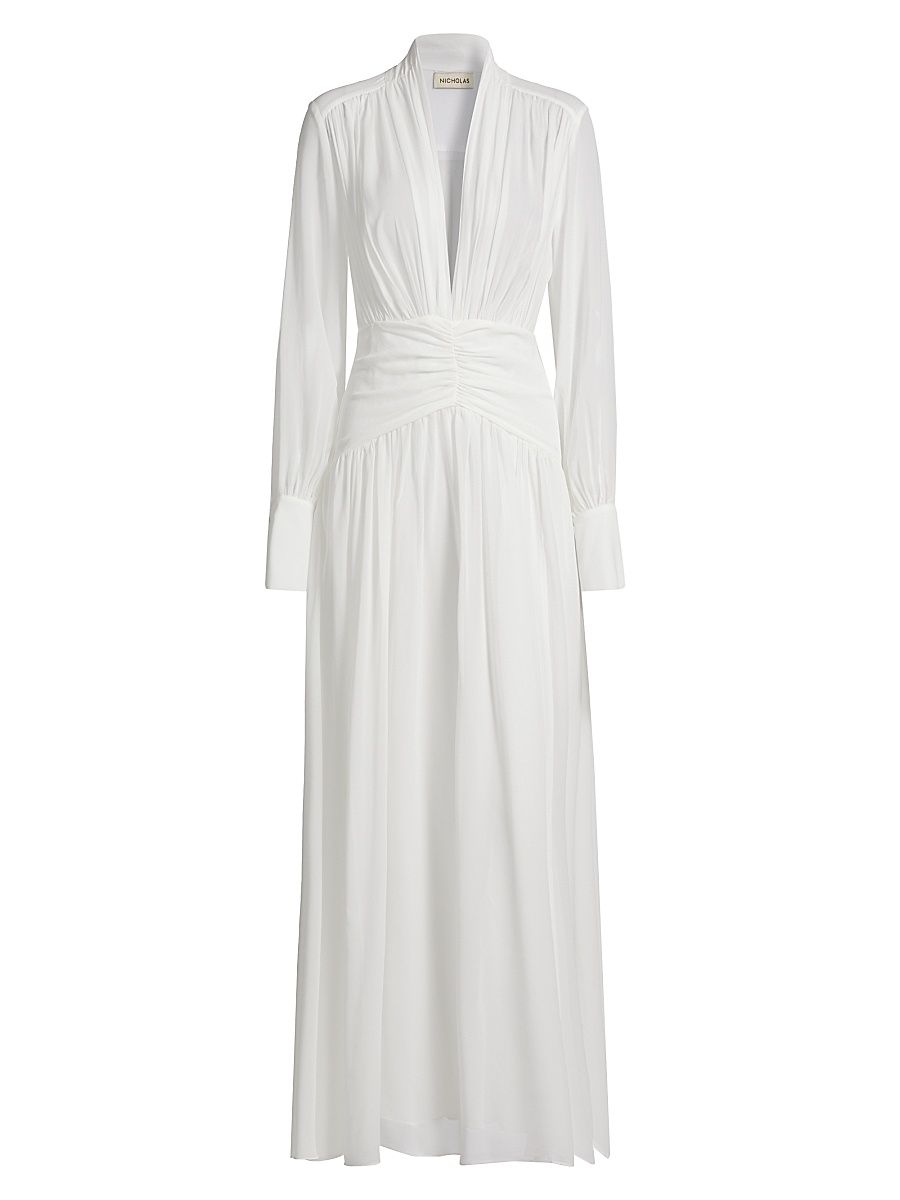Women's Jocelyn Deep Plunge Long-Sleeve Silk Gown - Ivory - Size 6