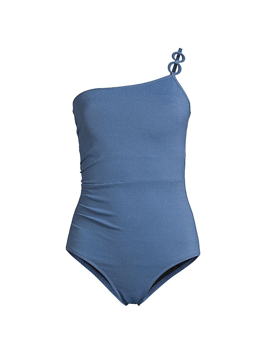 Women's Kara Metallic Piqué One-Piece Swimsuit - Steel Blue Metallic Texture - Size Large