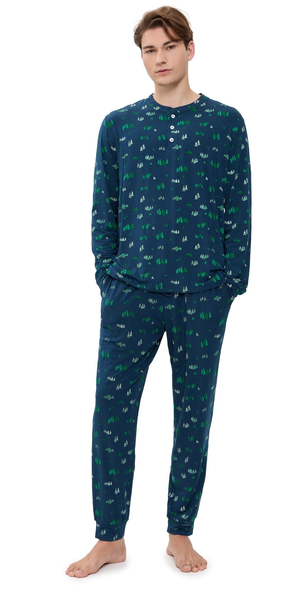 Eberjey Henry Printed Long Pajama Set Forest Pine Navy M