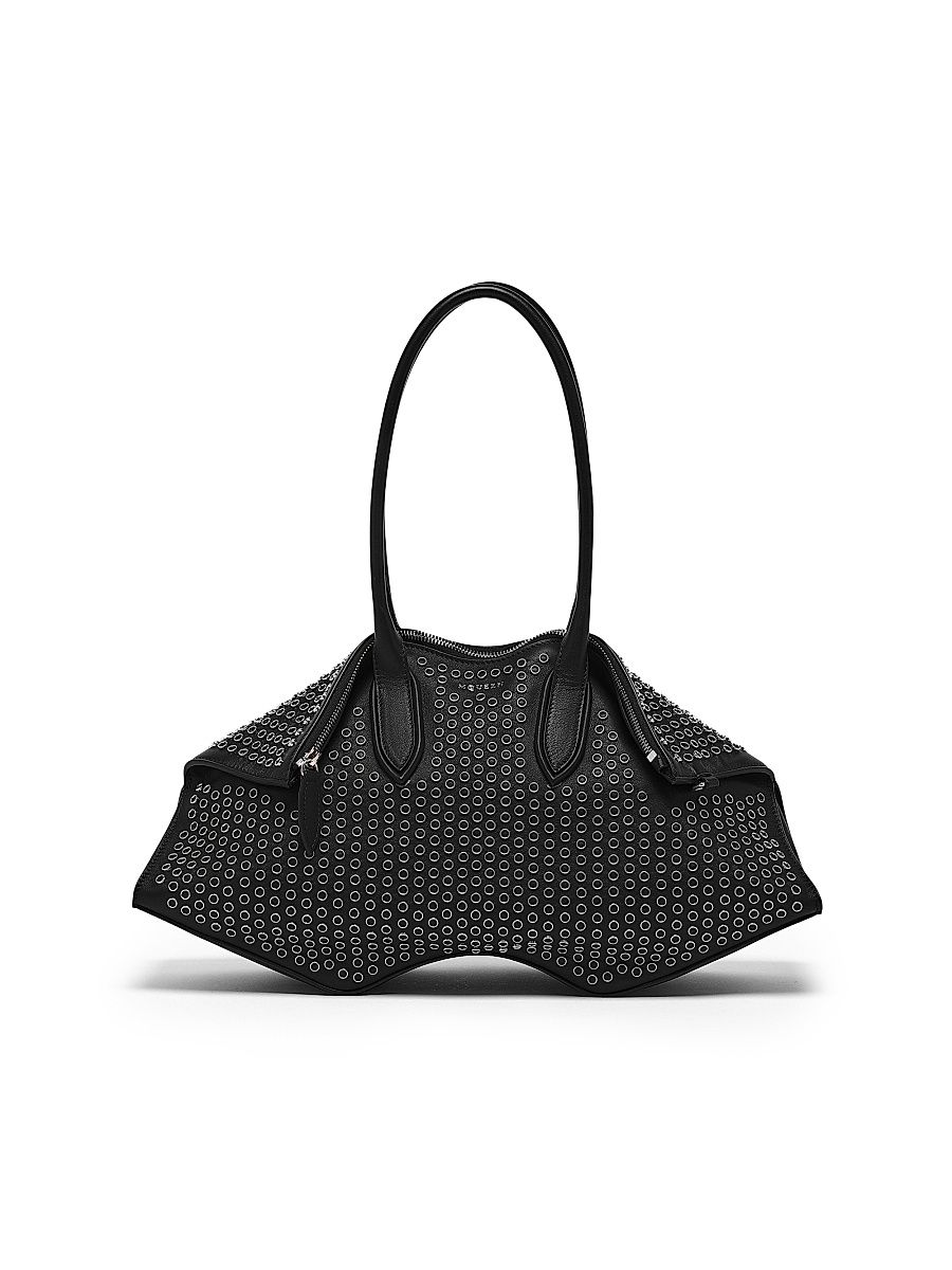 Women's Manta Metallic Eyelet Leather Shoulder Bag - Black Silver