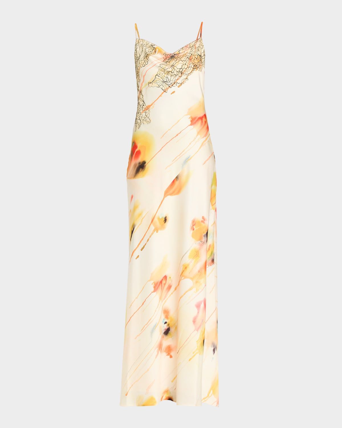 Watercolor Floral Lace-Trim Slip Gown