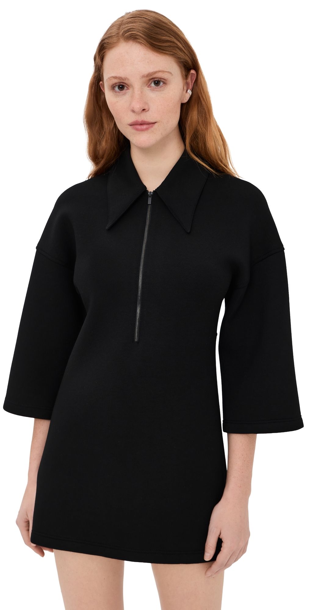 Tibi Bonded Viscose Zip Front Short Sleeve Slim Tunic Black L