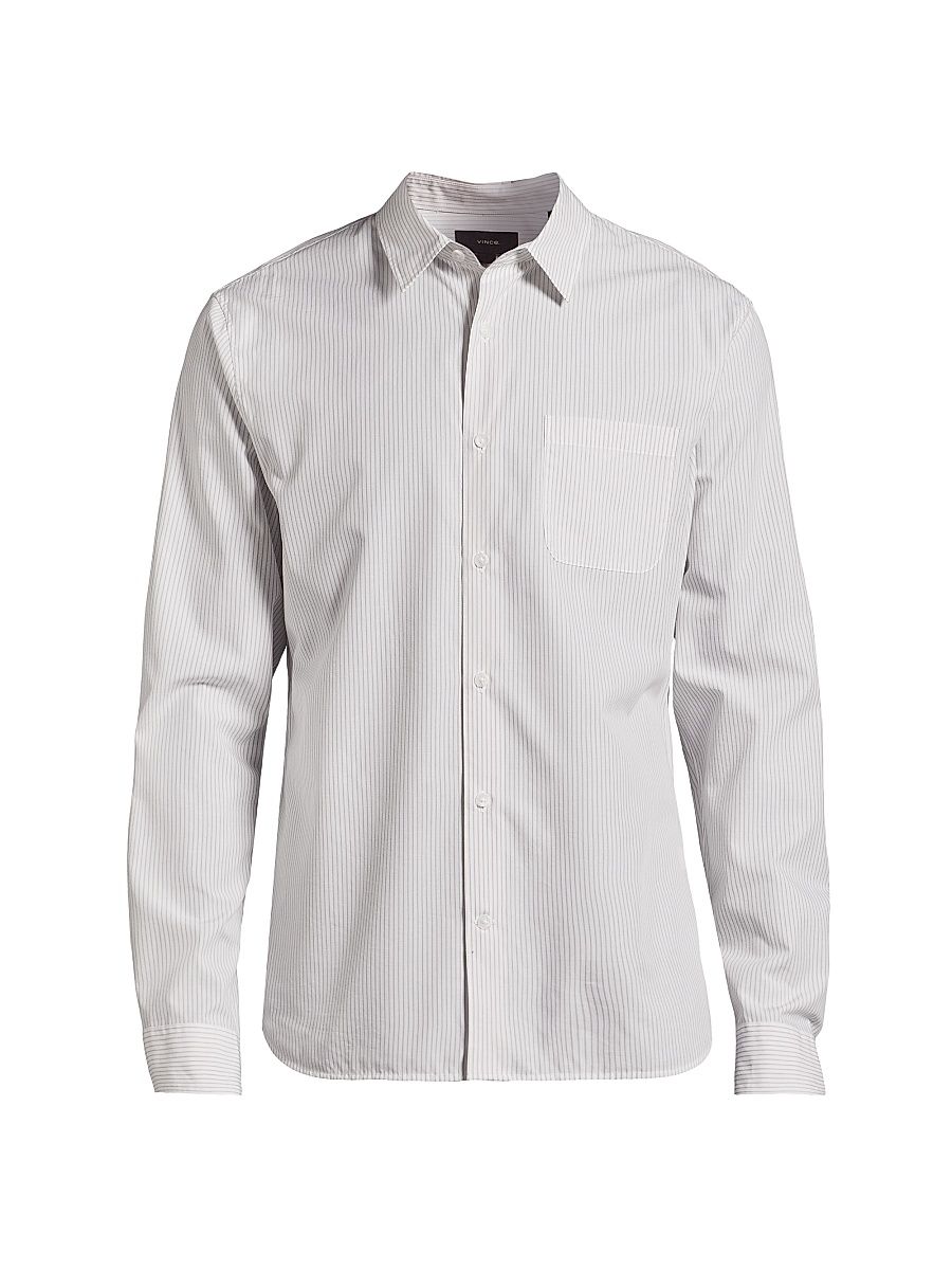 Men's Pinstriped Cotton-Blend Button-Front Shirt - Optic White Storm Cloud - Size Medium