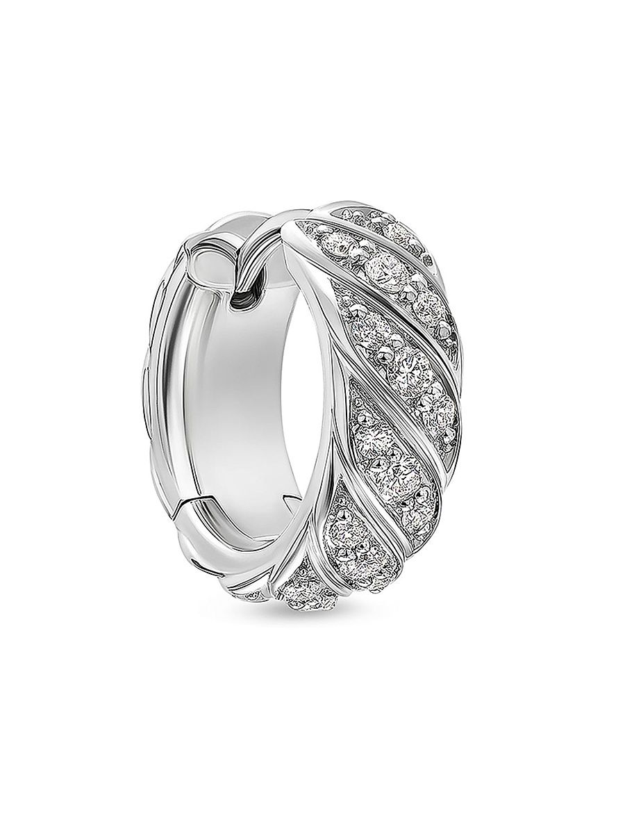 Men's Sculpted Cable Hoop Earring in 18K White Gold with Diamonds, 12.8MM - Silver