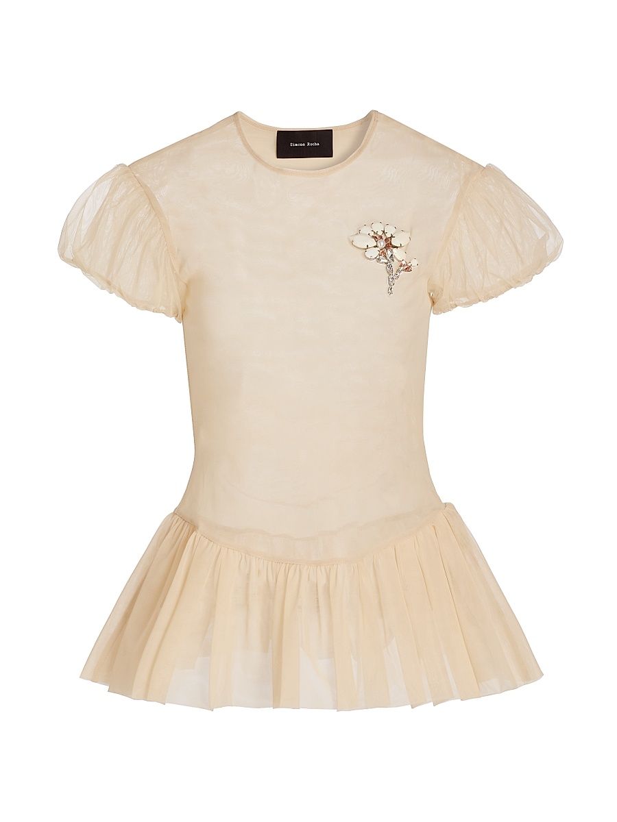 Women's Floral Appliqué Sheer Peplum Top - Cream Opaque Multi - Size 4