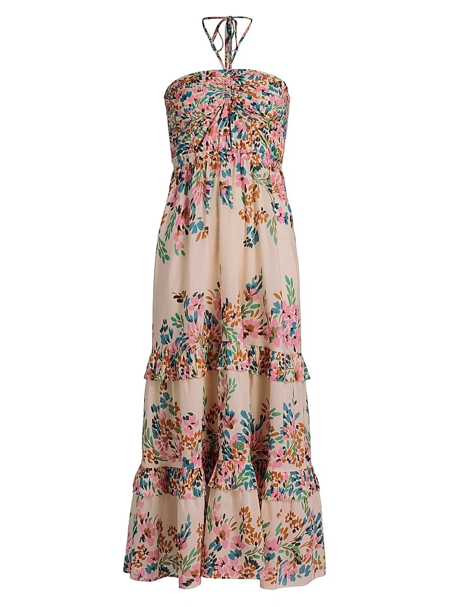 Women's June Floral Cotton Halterneck Maxi Dress - Confetti Floral Beige - Size XL