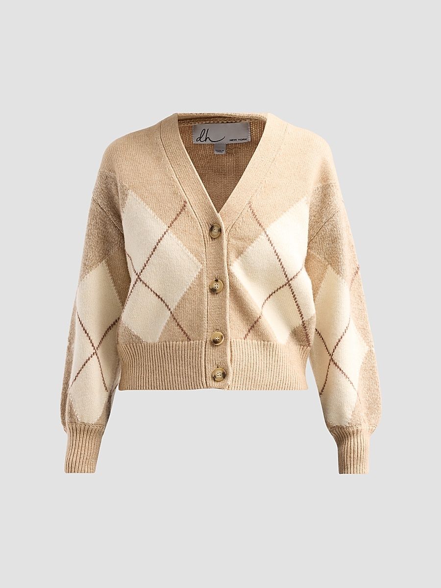 Women's Casette Argyle V-Neck Cardigan - Almond Combo - Size Small
