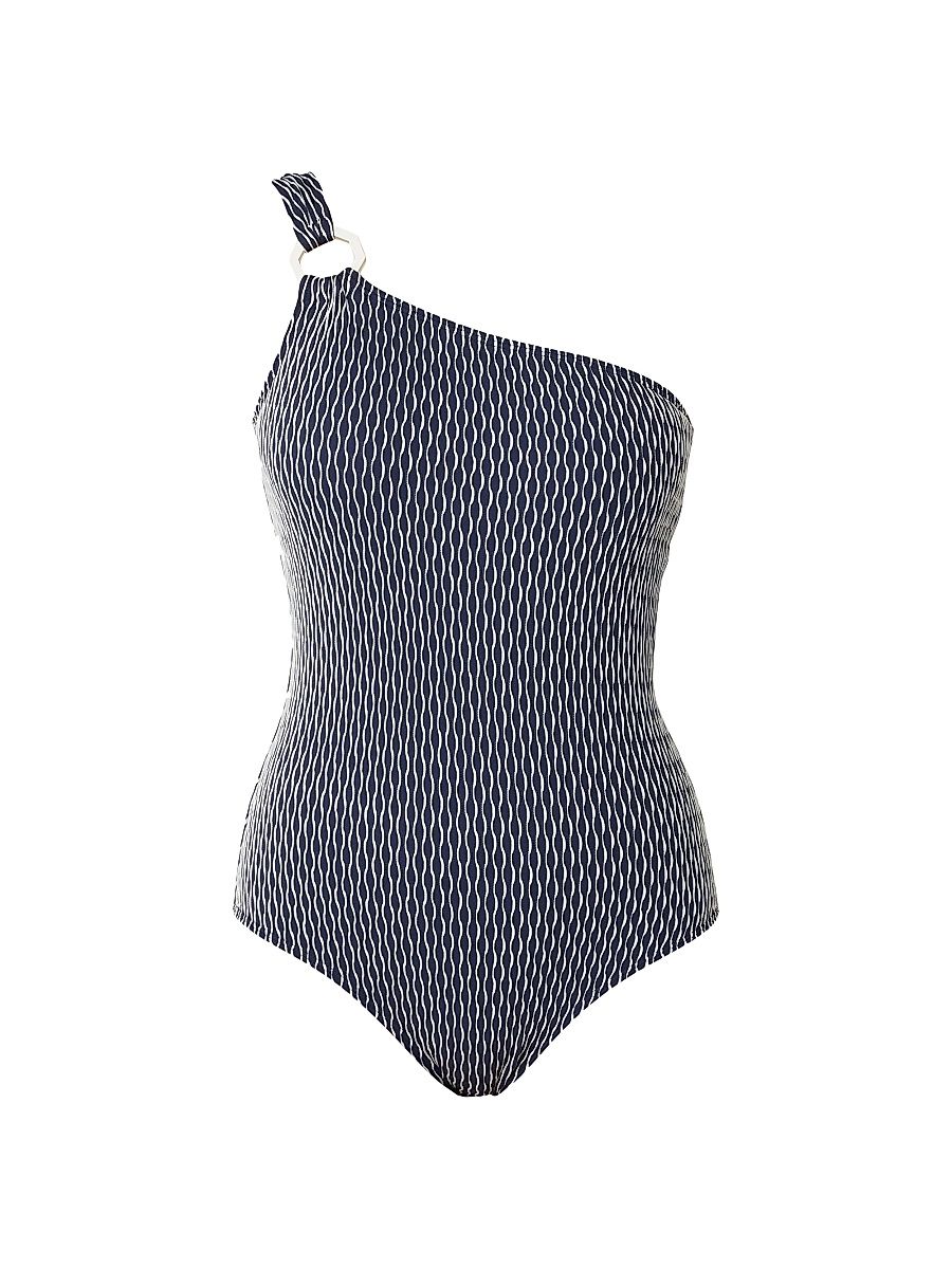 Shoshanna Women's Ring-Embellished One-Shoulder One-Piece Swimsuit - Navy White - Size 0