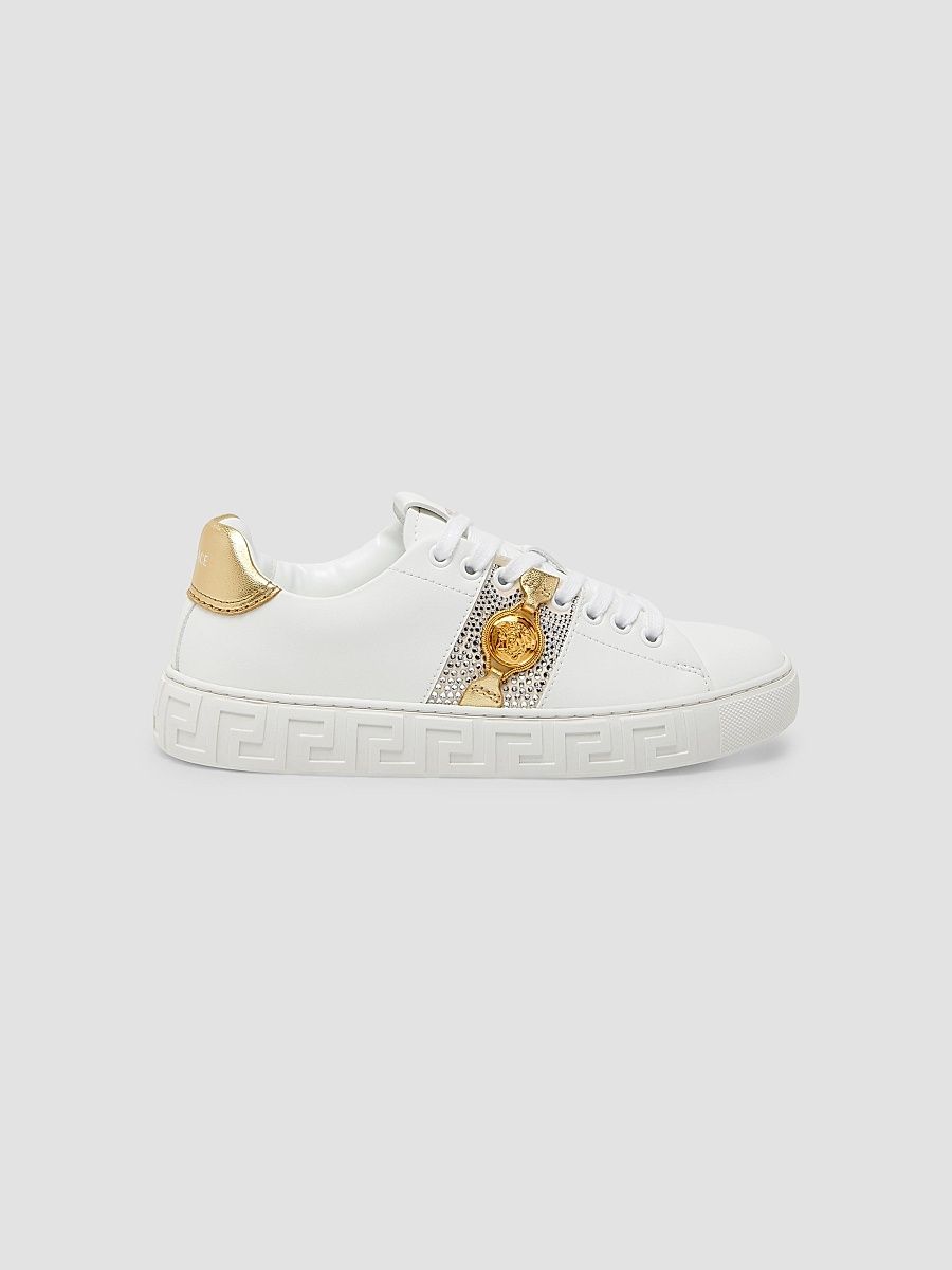 Women's Crystal-Embellished Low-Top Sneakers - White And Champagne And Gold - Size 11