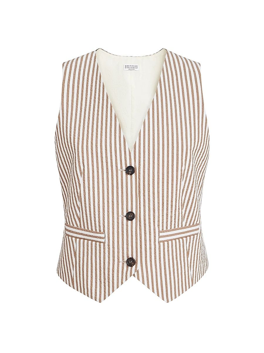 Women's Techno Cotton Striped Seersucker Vest - Beige - Size 14