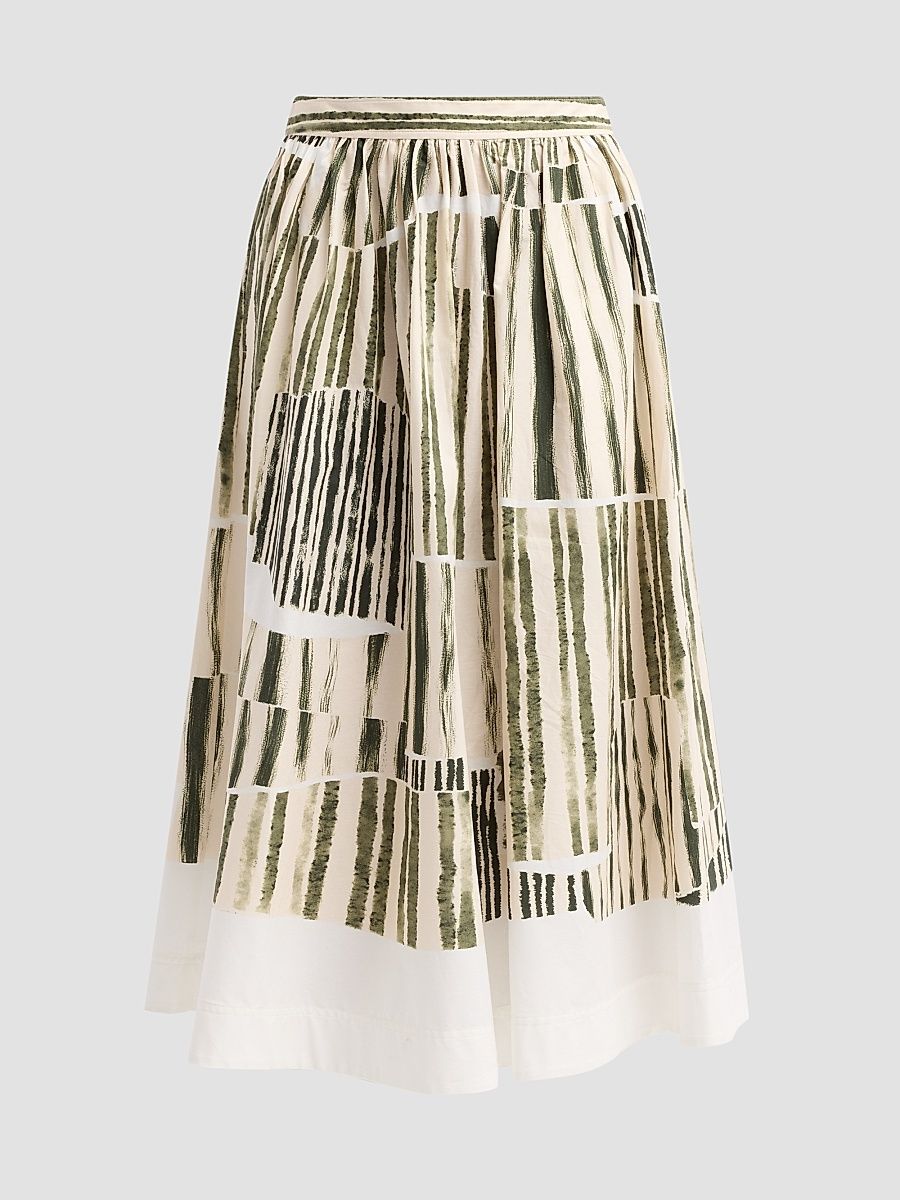 Women's Stripe Collage Stretch-Cotton Midi Skirt - Plaster Hunter Green - Size 14