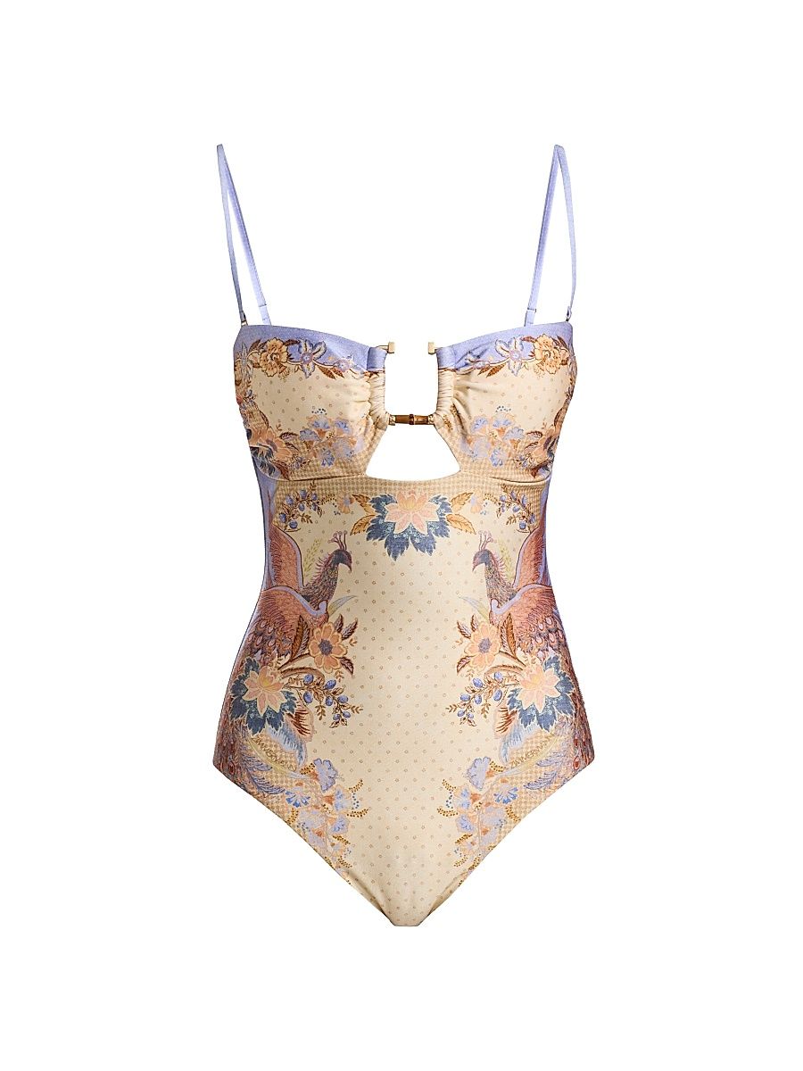 Women's Indra Bamboo-Trim One-Piece Swimsuit - Biscuit Scarf Floral - Size 8