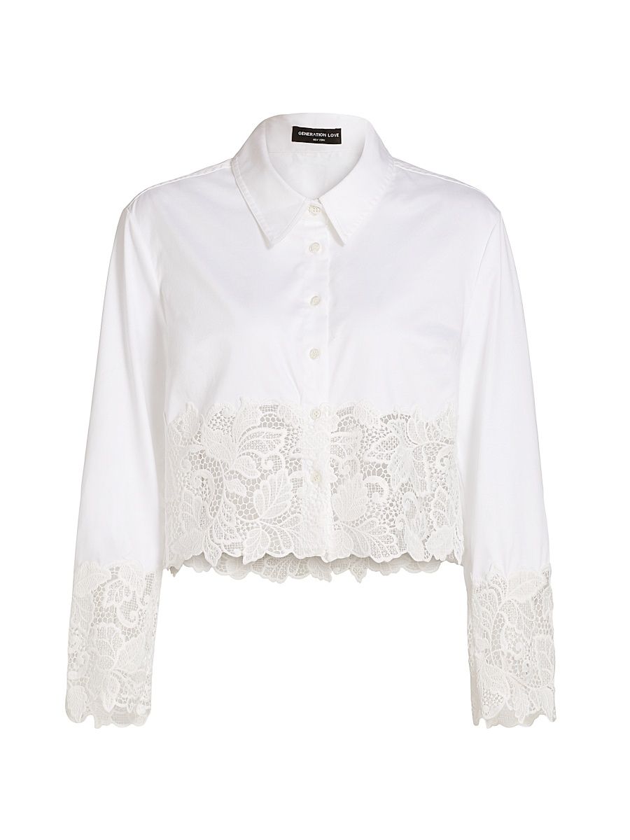 Women's Issa Poplin-Lace Cropped Shirt - White - Size XL