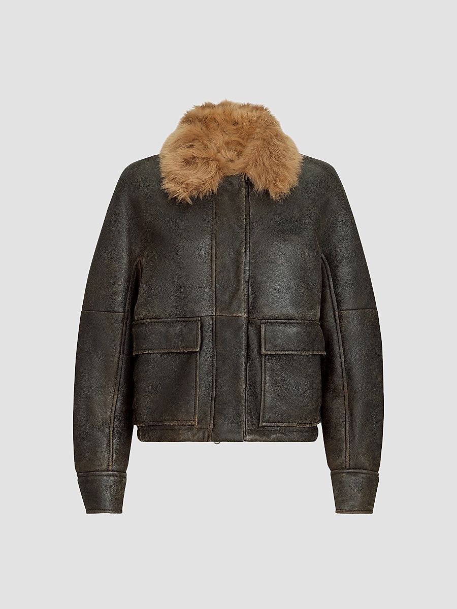 Women's Vintage-Effect Shearling Aviator Jacket with Monili - Vintage Brown - Size 4