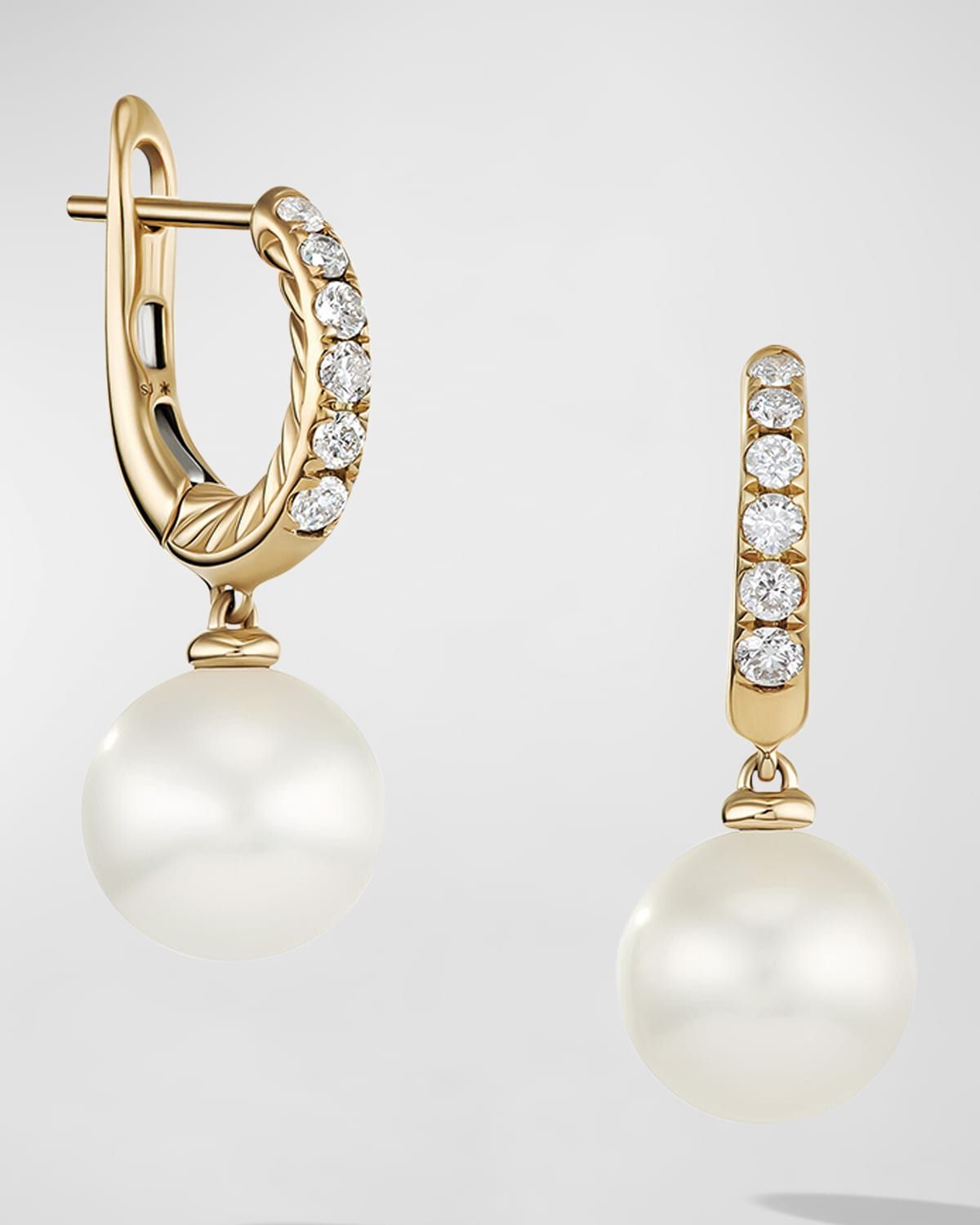Pearl and Pave Drop Earrings with Diamonds in 18K Gold, 9mm, 0.61"L