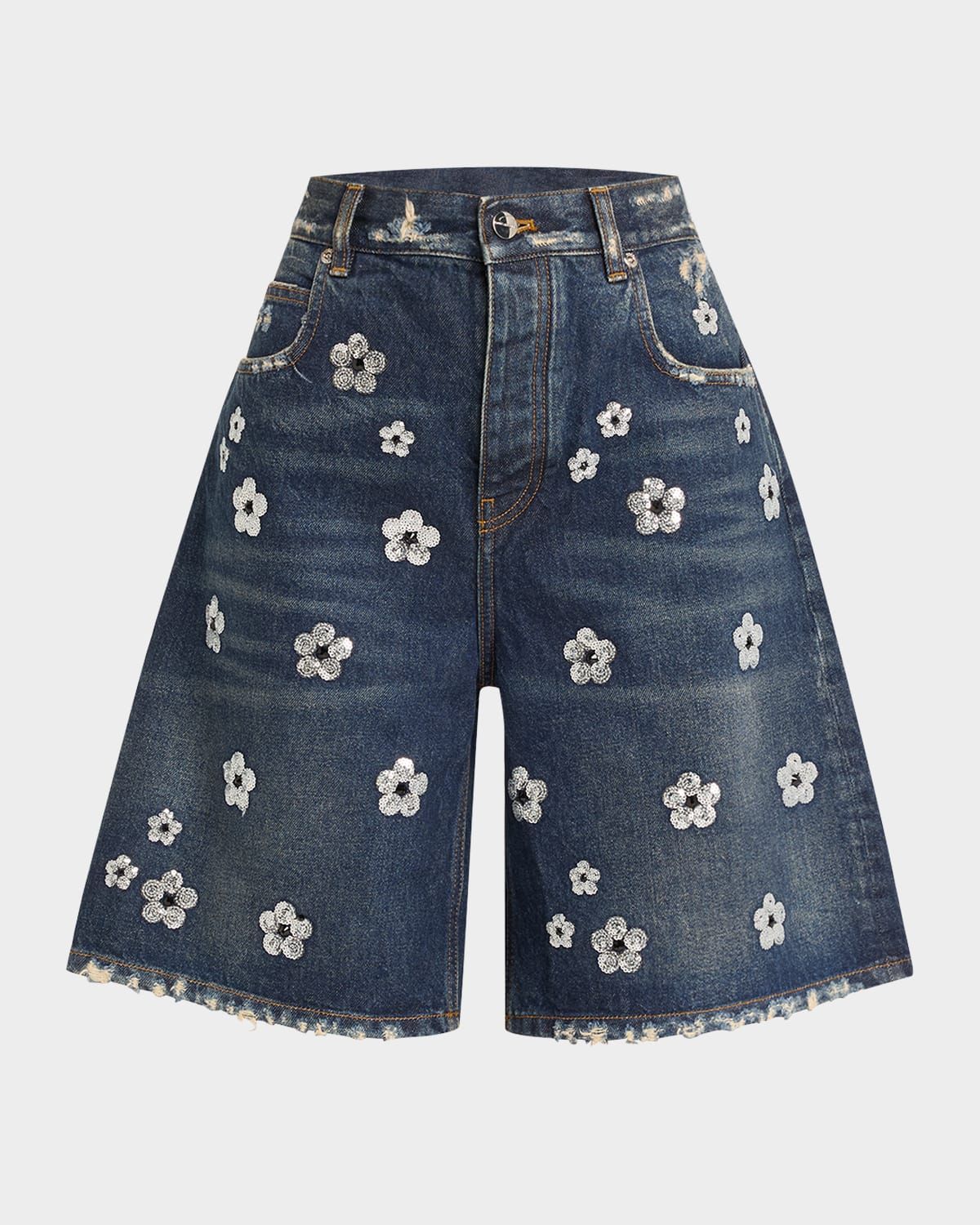 Daisy Sequined Wide-Leg Denim Bermuda Shorts