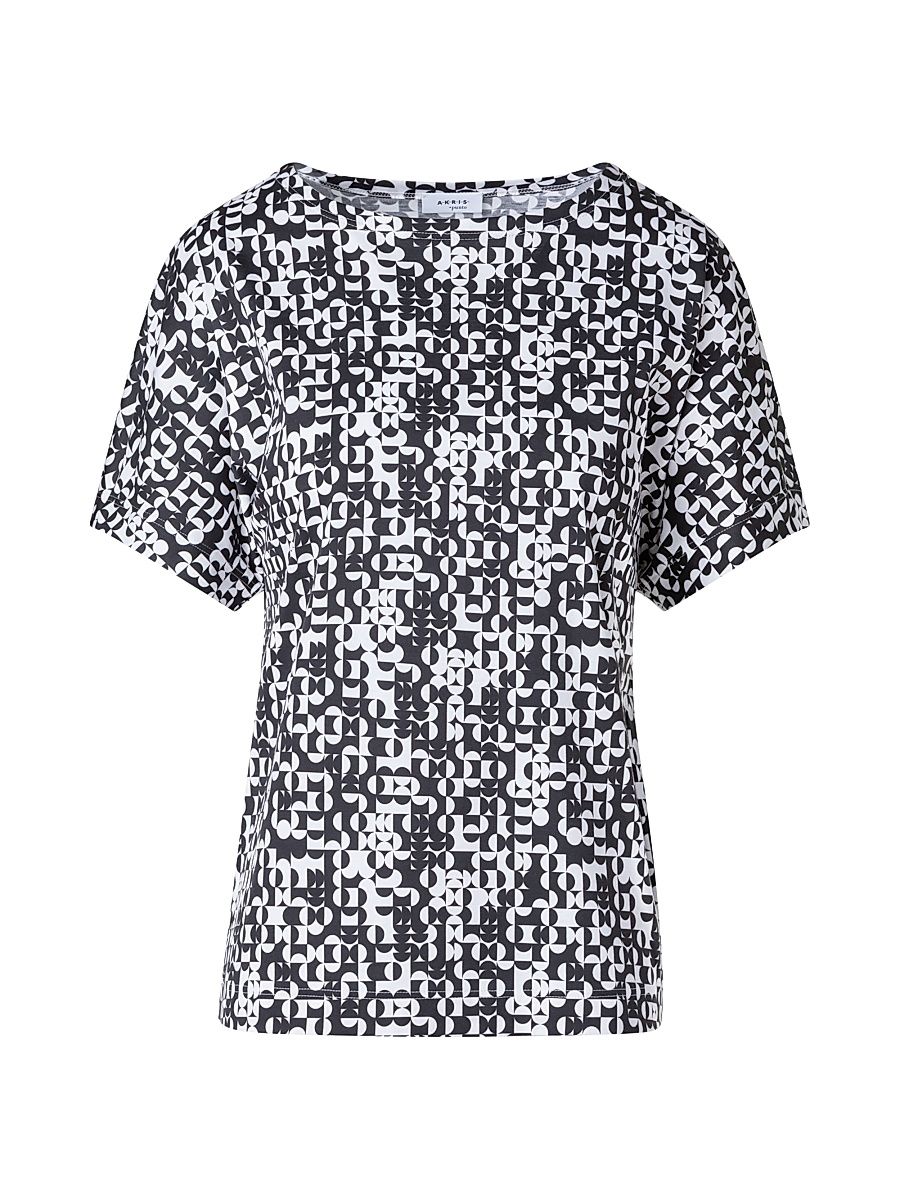 Women's Geometric Cotton Short-Sleeve Top - Black Cream - Size 8