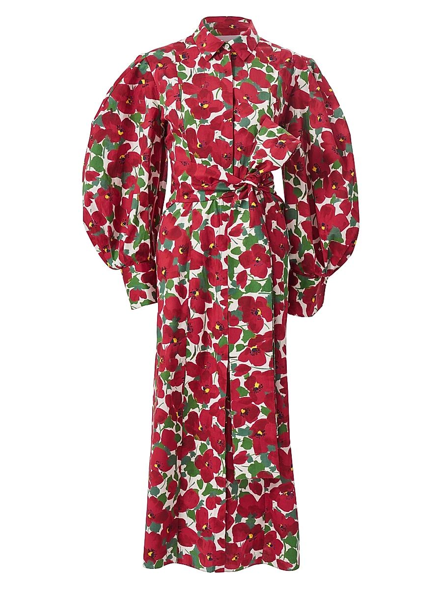 Women's Floral Puff-Sleeve Column Shirtdress - Herrera Red Multi - Size 4