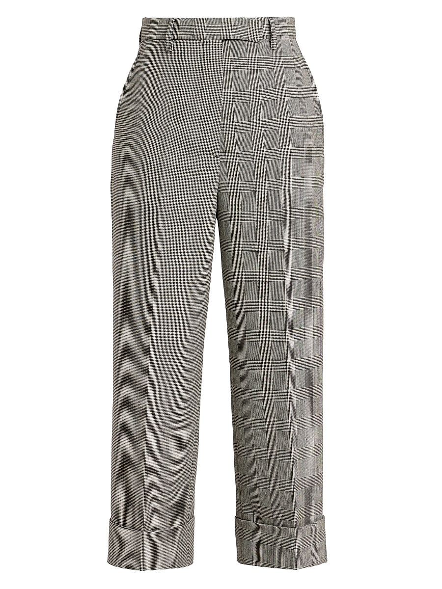 Women's Prince Of Wales Check Wool Straight-Leg Trousers - Black White - Size 8