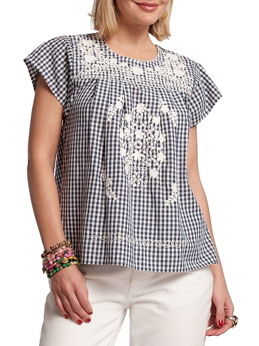 Women's Camila Embroidered Gingham Top - Navy Oyster - Size XL
