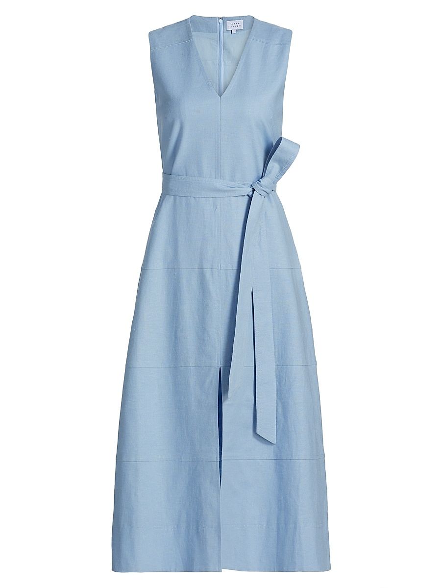 Women's Reinella V-Neck Linen Blend Midi-Dress - Powder Blue - Size 10