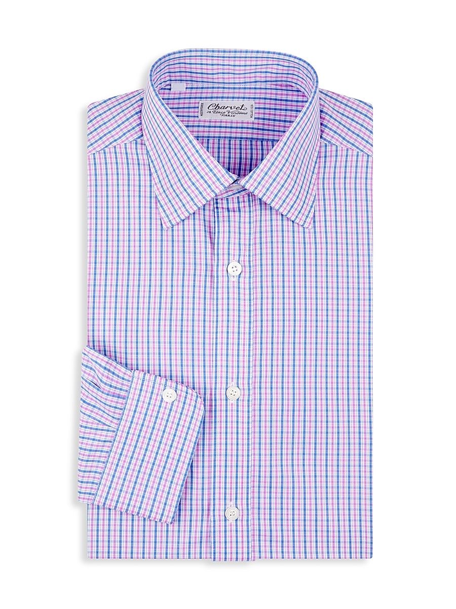 Men's Plaid Cotton Chambray Dress Shirt - Pink - Size 17.5