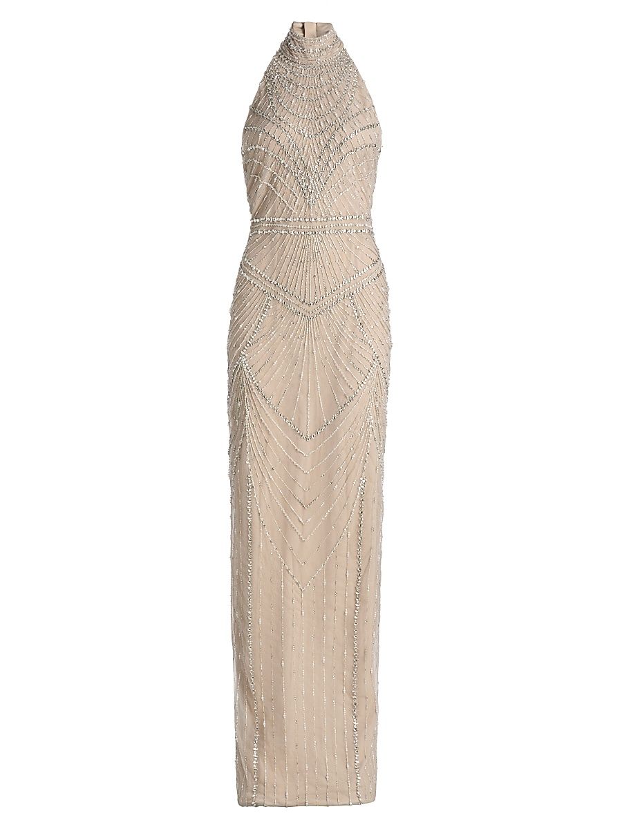 Women's Embellished Tulle Halter Column Gown - Silver - Size 8