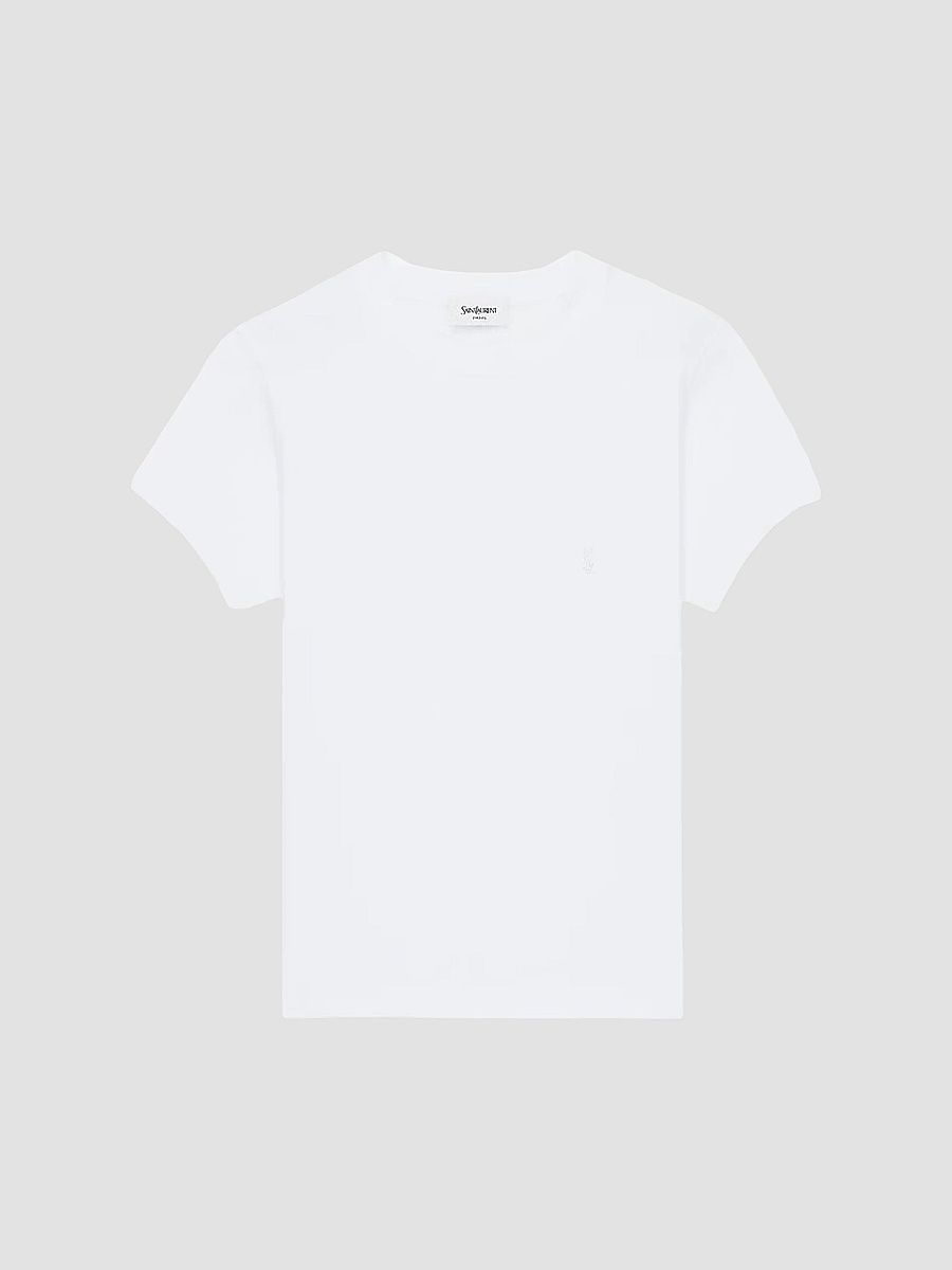 Saint Laurent Women's Cassandre T-Shirt in Ribbed Cotton Jersey - Blanc - Size Small