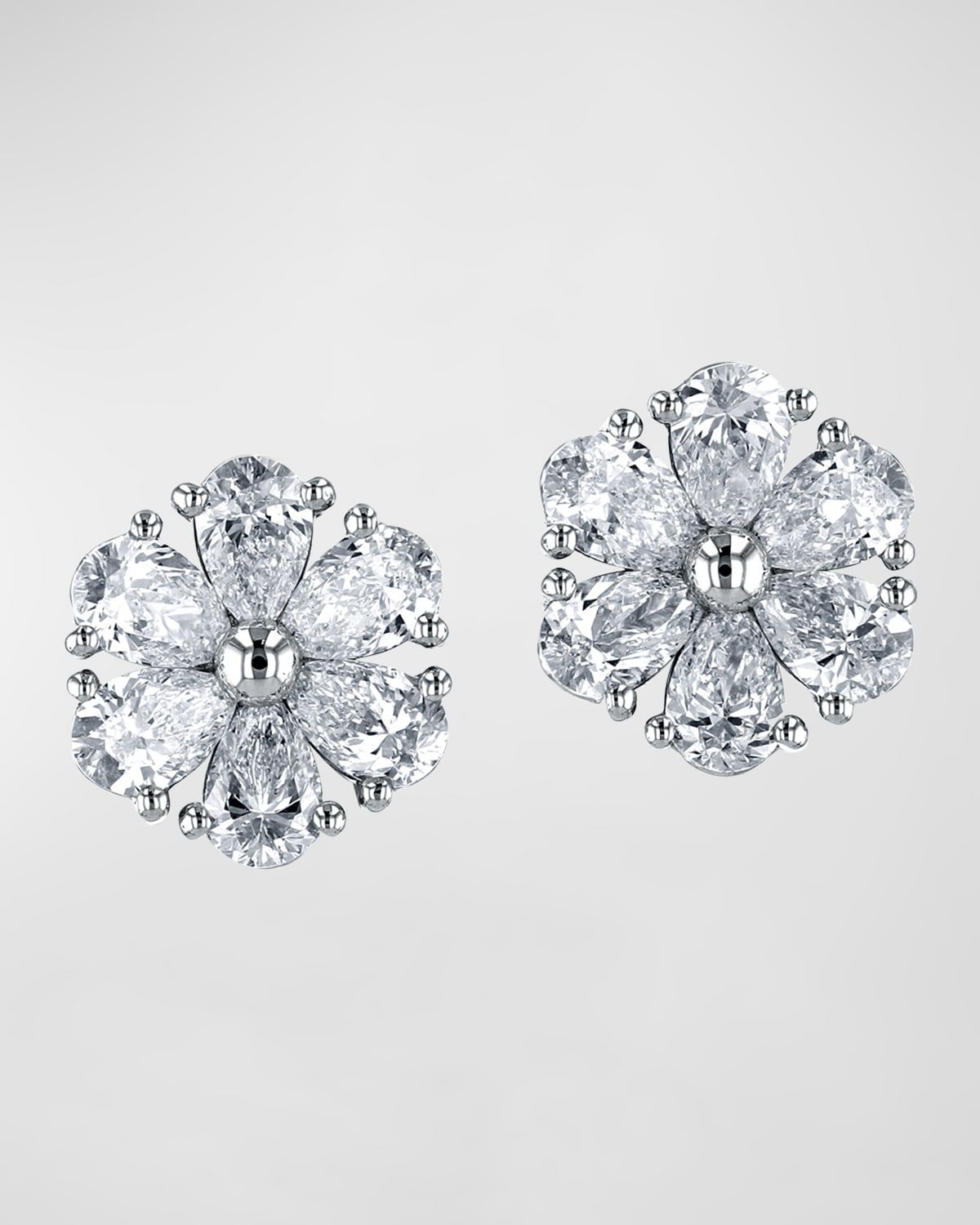 18K Gold Pear-Shaped Diamond Flower Stud Earrings, 6tcw, 0.59"L / 0.59"W