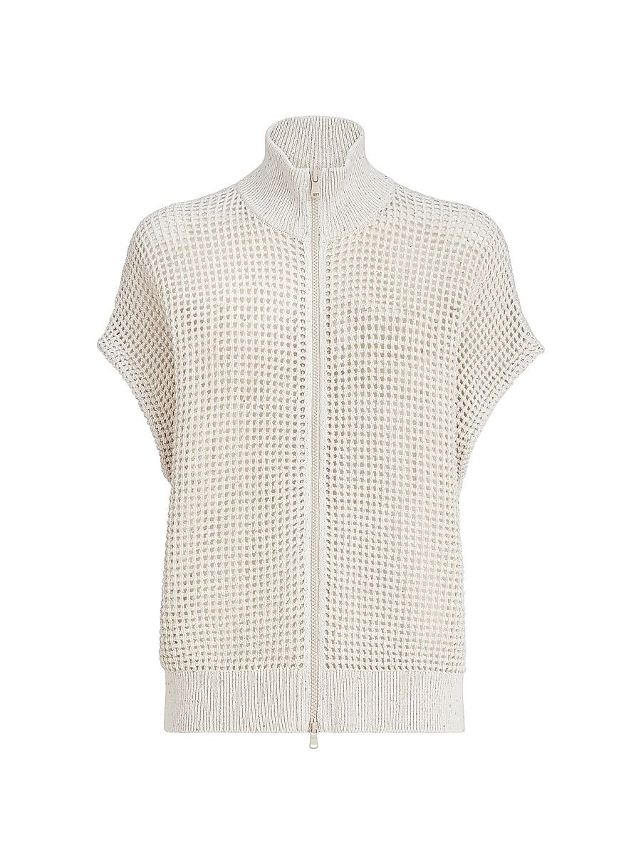 Women's Cotton Net Cardigan with Dazzling Details - Oat - Size XXS