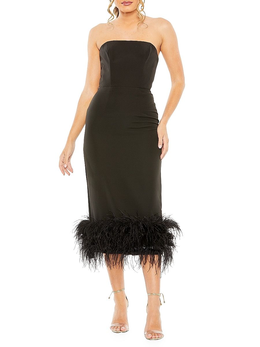 Women's Feather-Trim Strapless Midi-Dress - Black - Size 6