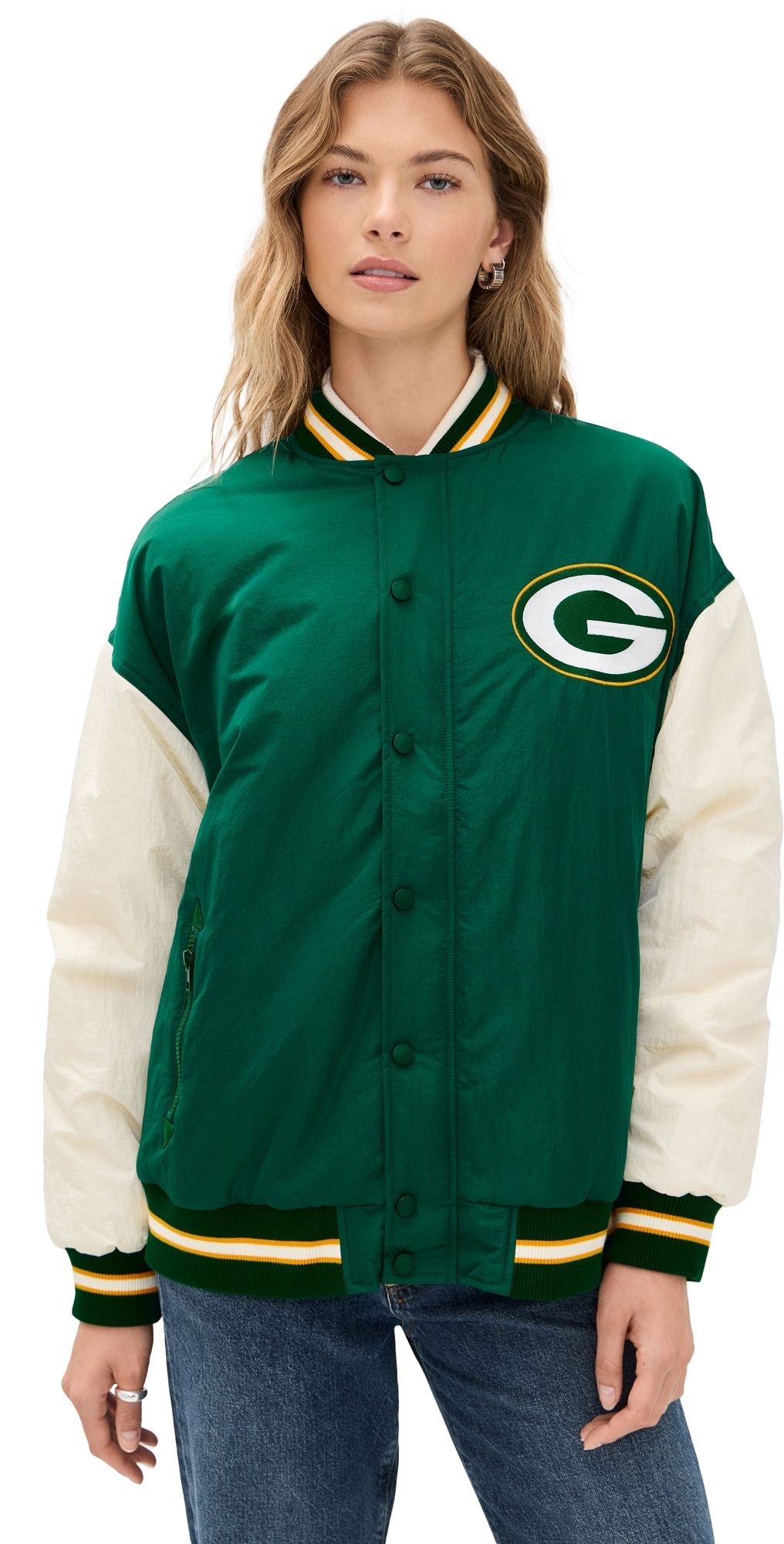 Terez Packers Colorblock Bomber Jacket Packers Green/Sugar Swizzle XL