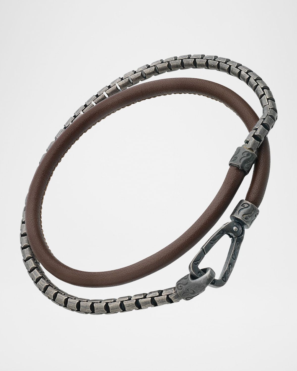 Men & apos;s Double Mix Brown Smooth Leather and Oxidized Silver Chain Bracelet