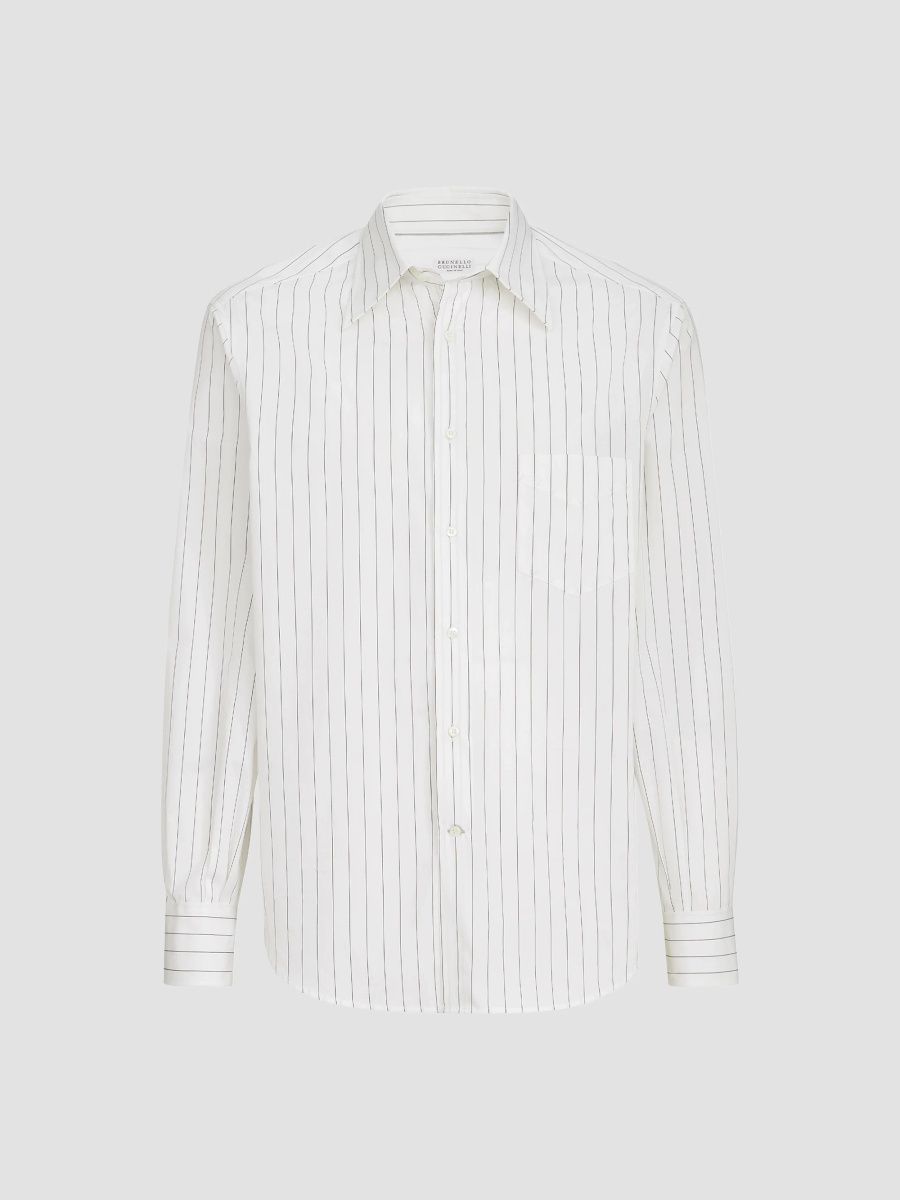 Brunello Cucinelli Men's Pinstripe Poplin Shirt with Italian Collar and Chest Pocket - White - Size XXXL