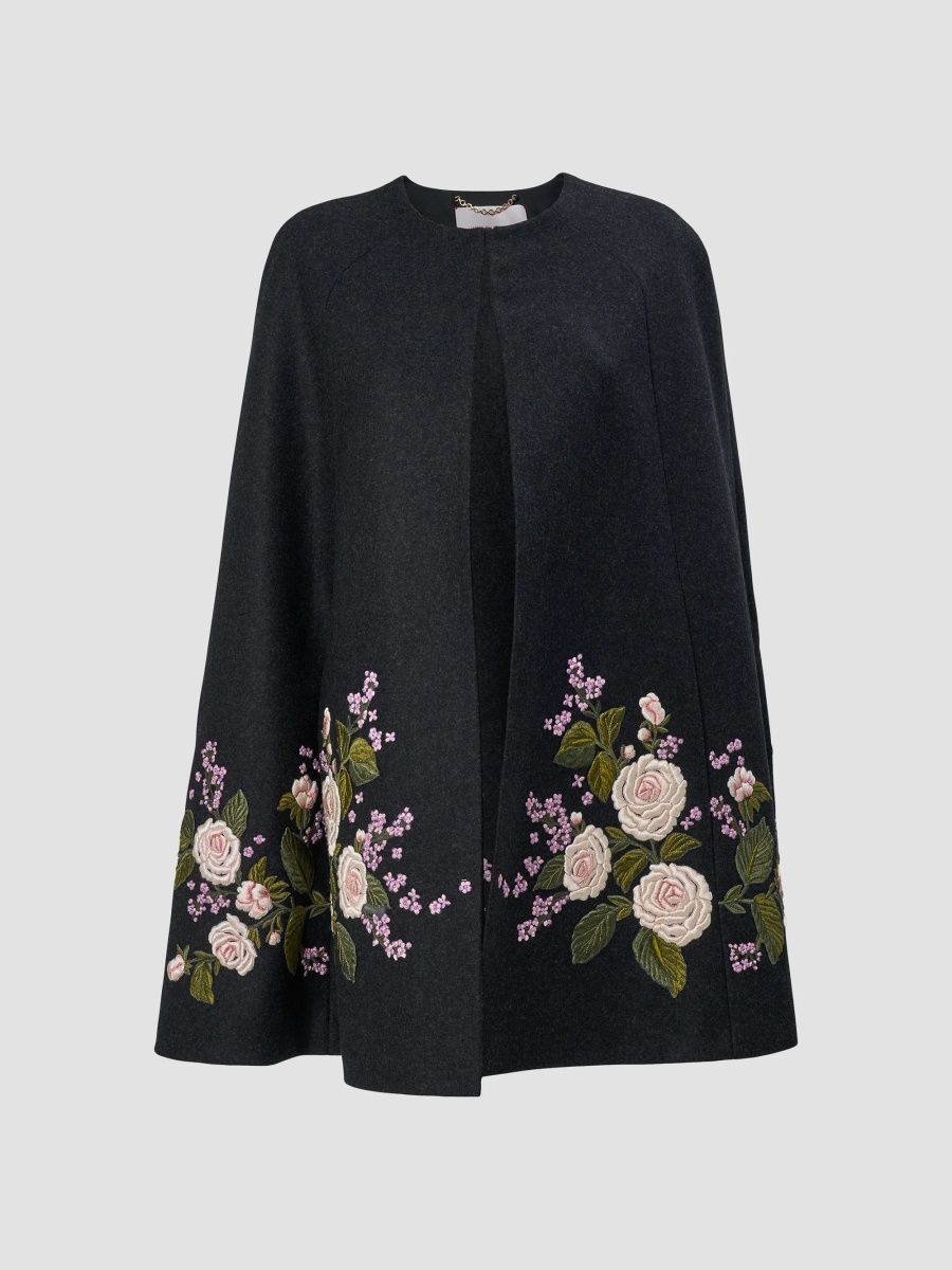 Carolina Herrera Women's Chalet Floral-Embroidered Virgin-Wool Cape - Charcoal Grey - Size XS