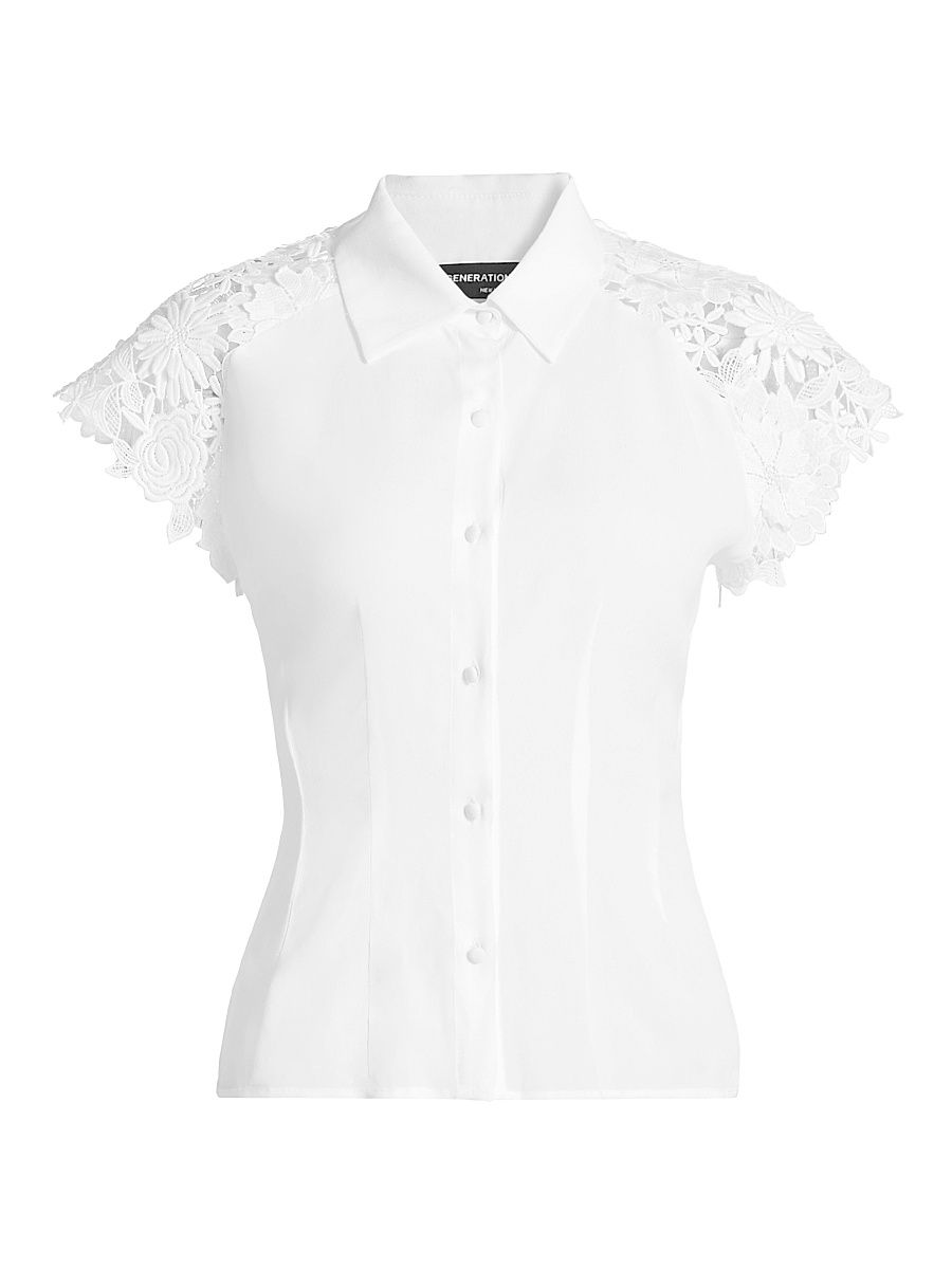 Women's Felice Guipure Lace-Sleeve Blouse - White - Size Large