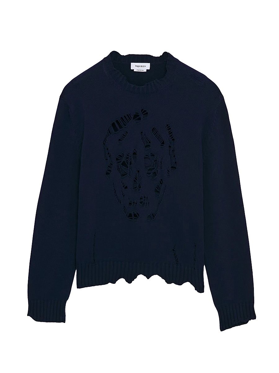 Men's Skull Intarsia-Knit Crewneck Sweater - Navy - Size 44