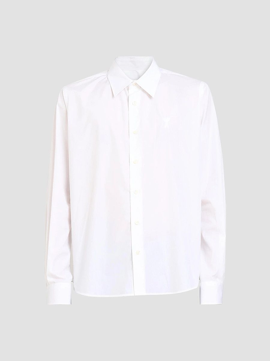 AMI Paris Men's Classic Button-Front Shirt - Wool Gabardine White - Size 15.75