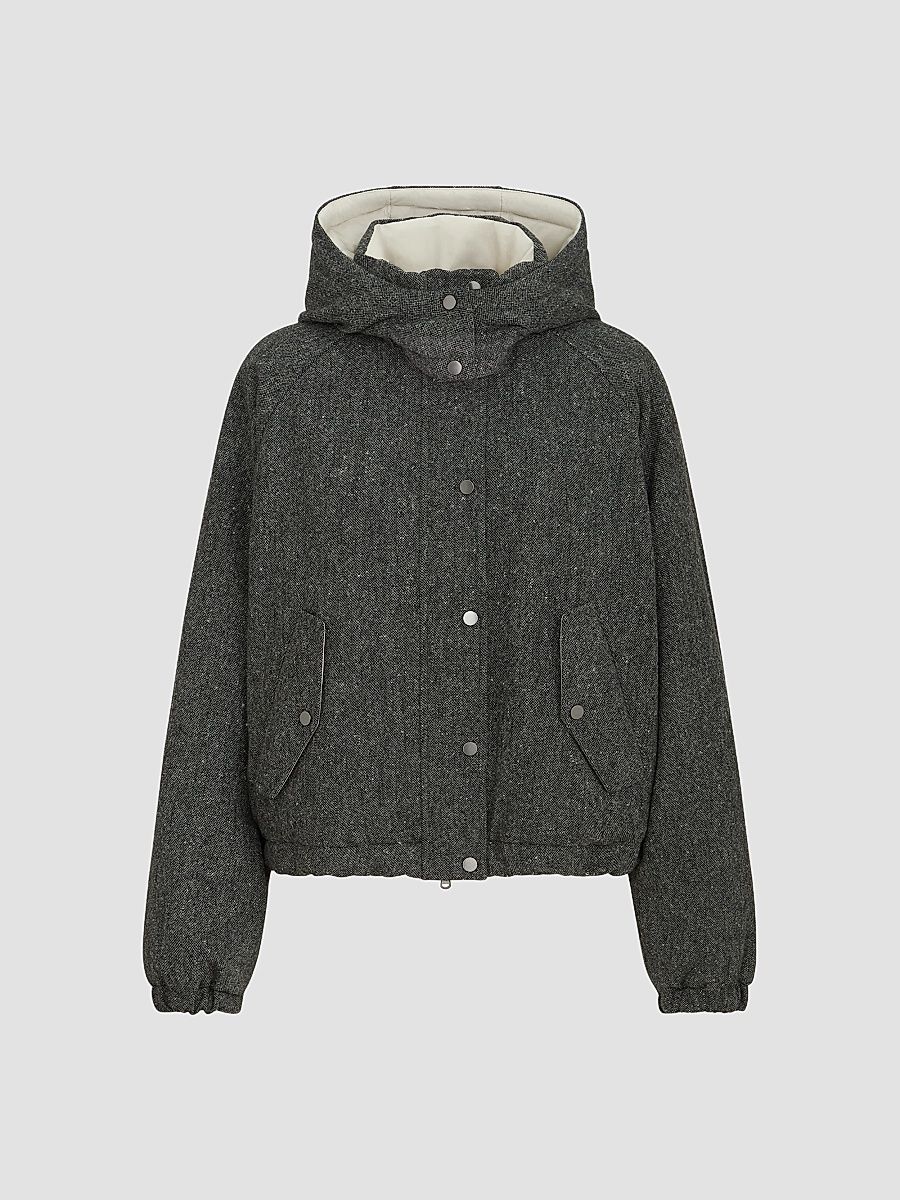 Women's Virgin Wool Donegal Down Jacket with Detachable Hood and Shiny Zipper Pull - Anthracite - Size 4