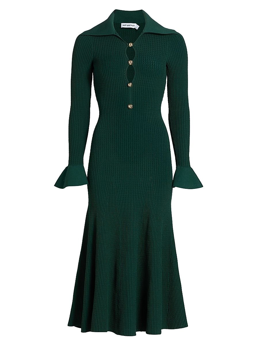 Women's Rib-Knit A-Line Midi-Dress - Green - Size Large