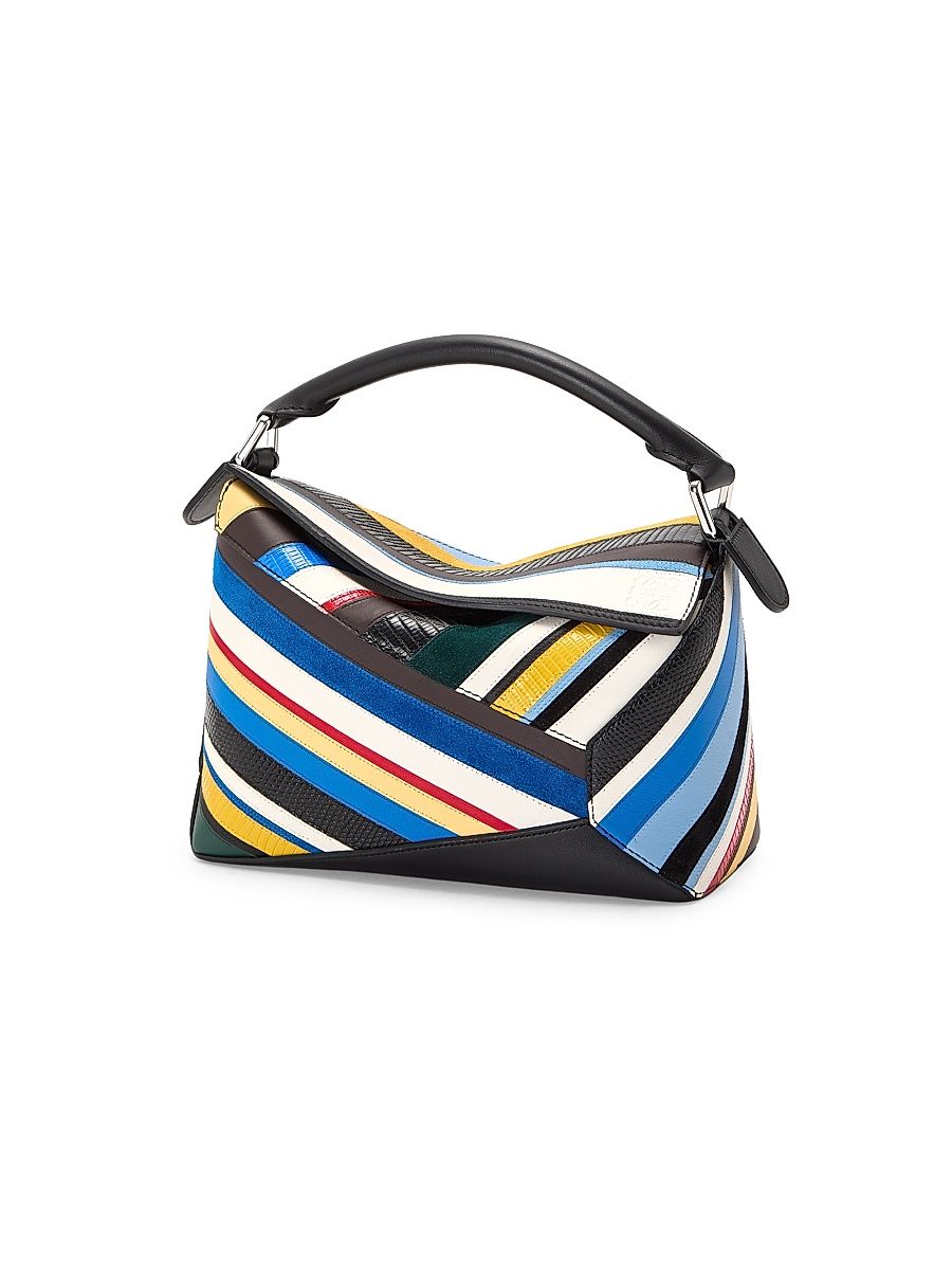 Women's Puzzle Edge Small Striped Leather Top Handle Bag